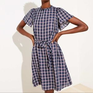 LOFT- Plaid Ruffle Neck Tie Waist Dress